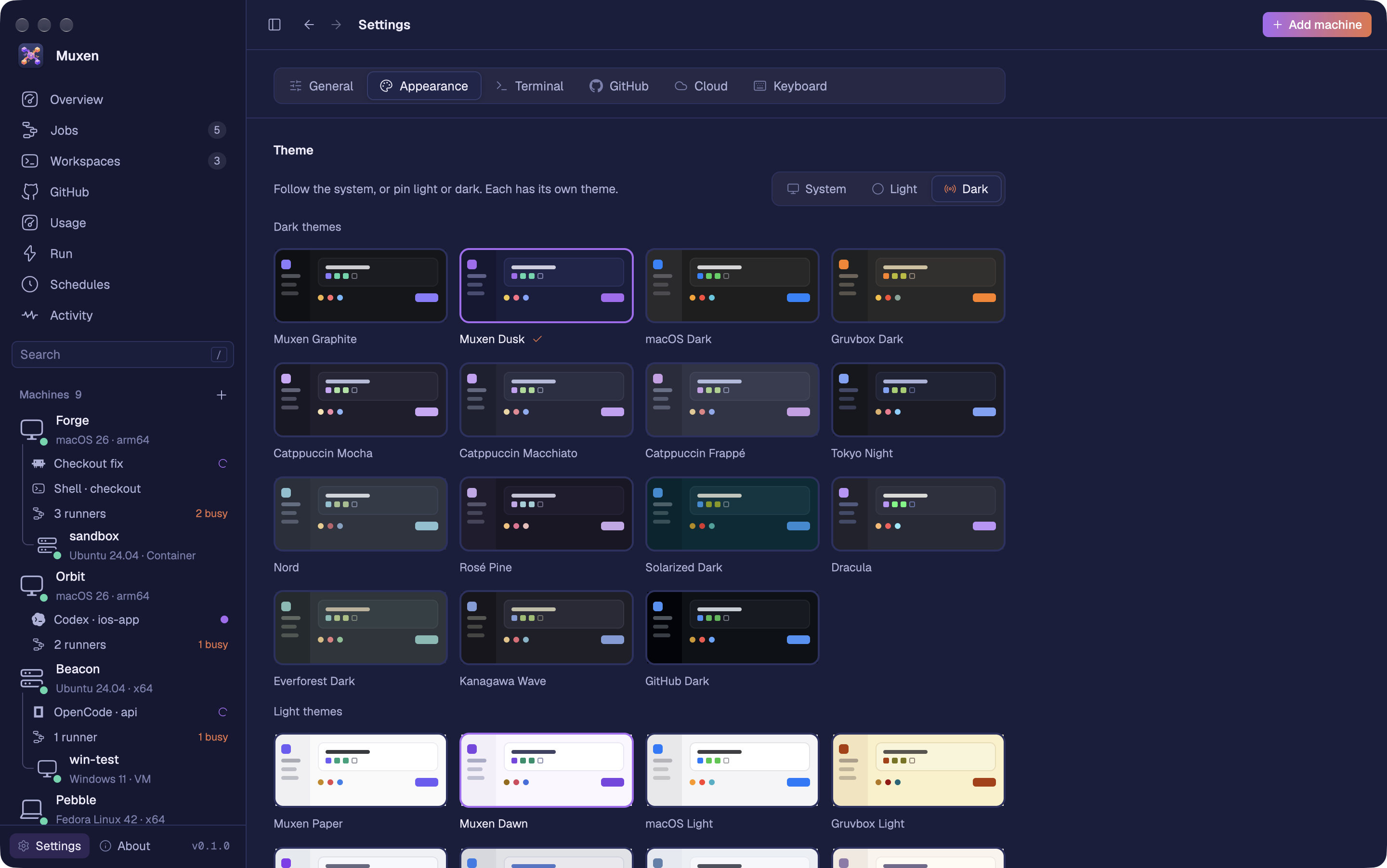 Settings, Appearance: System, Light or Dark, then the dark and light themes, then the icon styles.