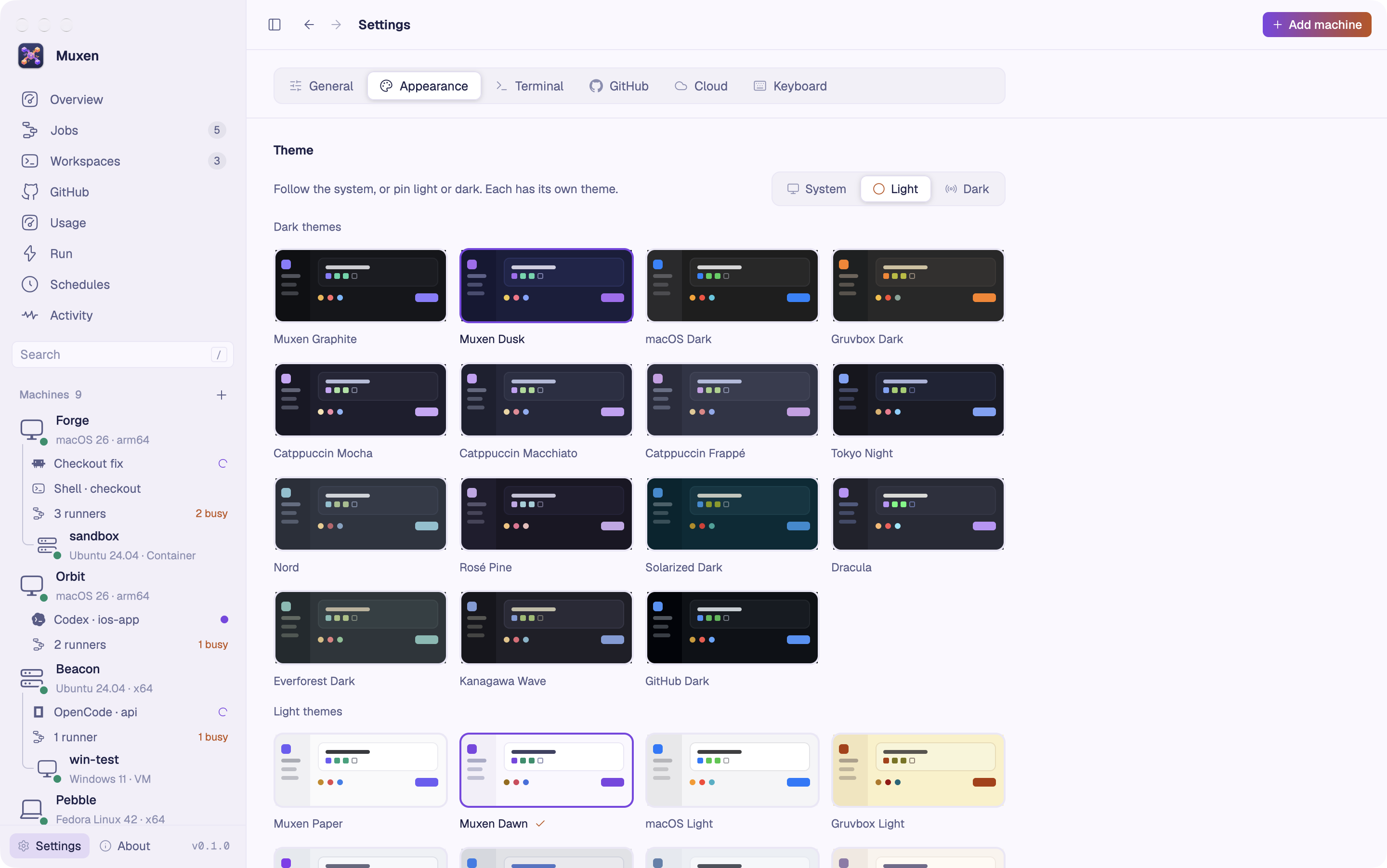 Settings, Appearance: System, Light or Dark, then the dark and light themes, then the icon styles.