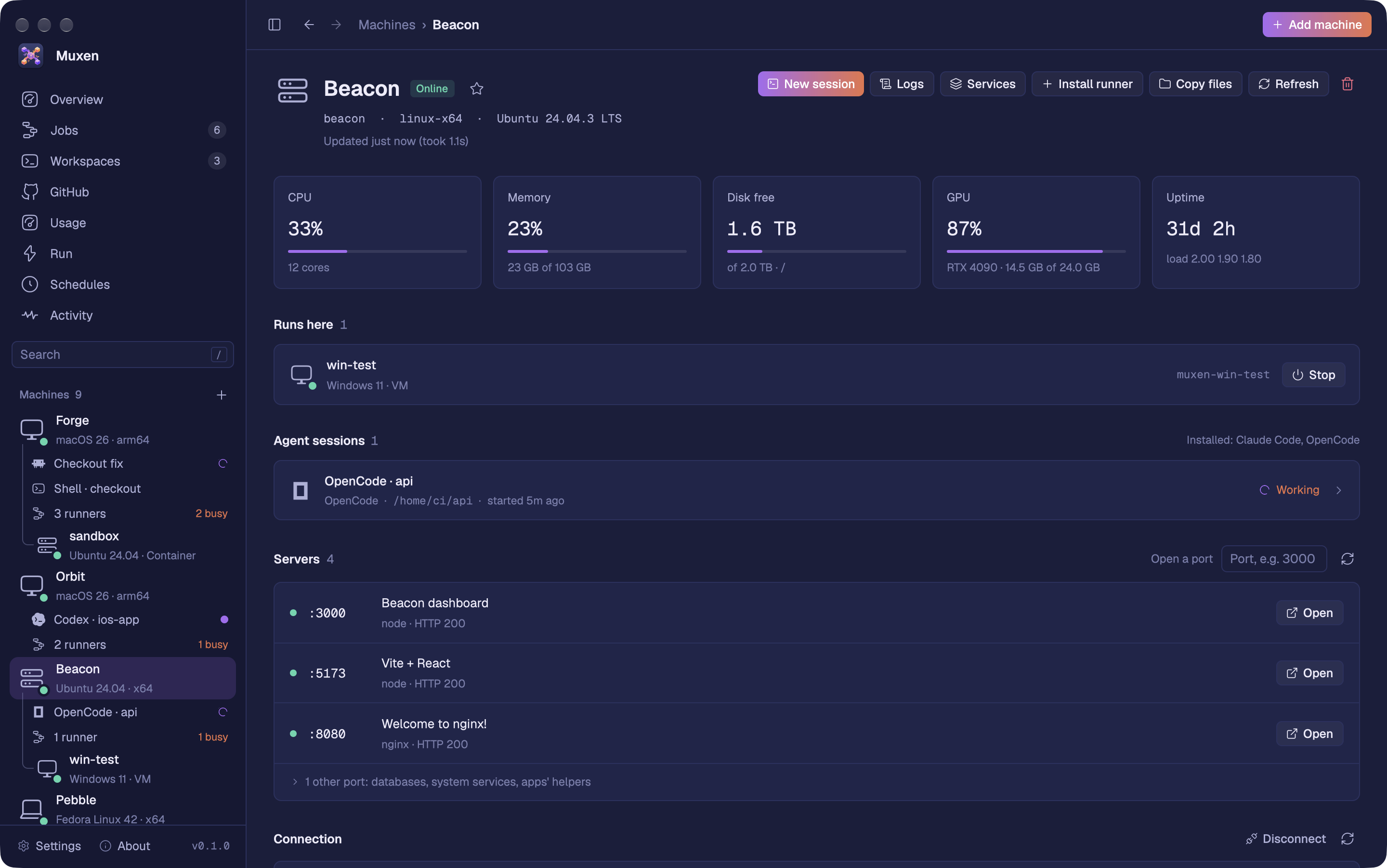 A machine's page: its CPU, memory, disk and uptime, its sessions, servers, connection and git.