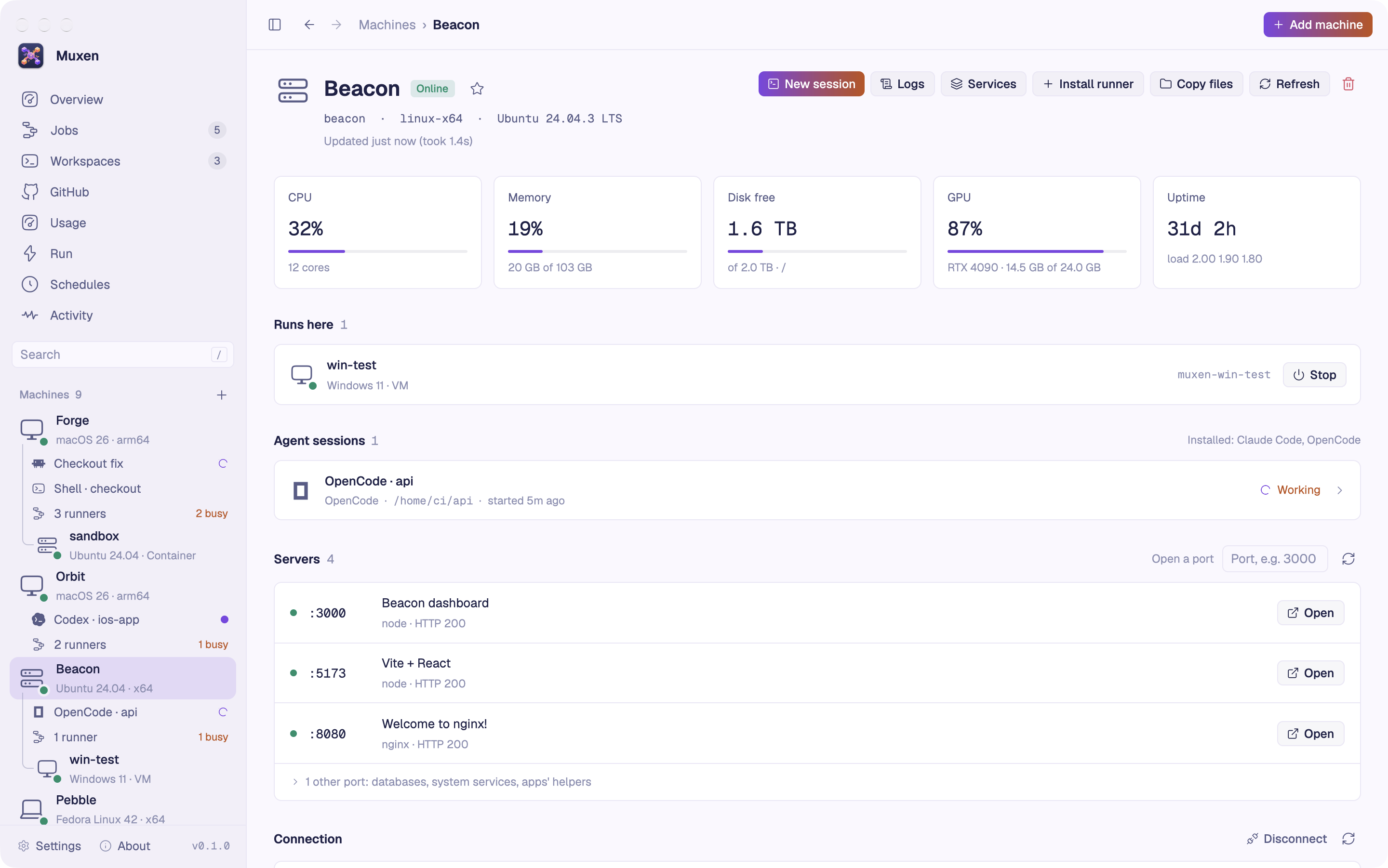 A machine's page: its CPU, memory, disk and uptime, its sessions, servers, connection and git.