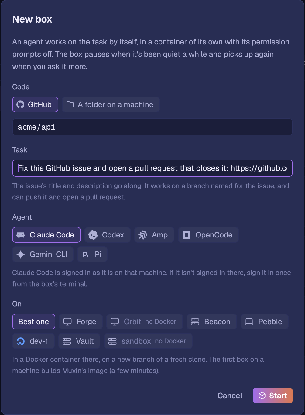 The New box dialog filled in from an issue: the repository acme/api, the task to fix the GitHub issue and open a pull request that closes it, Claude Code picked as the agent, and Best one as the machine.