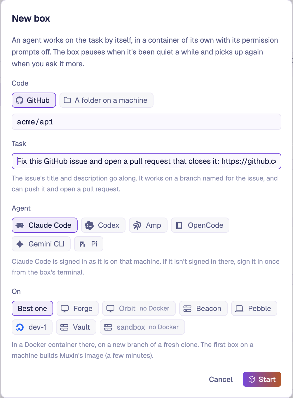 The New box dialog filled in from an issue: the repository acme/api, the task to fix the GitHub issue and open a pull request that closes it, Claude Code picked as the agent, and Best one as the machine.
