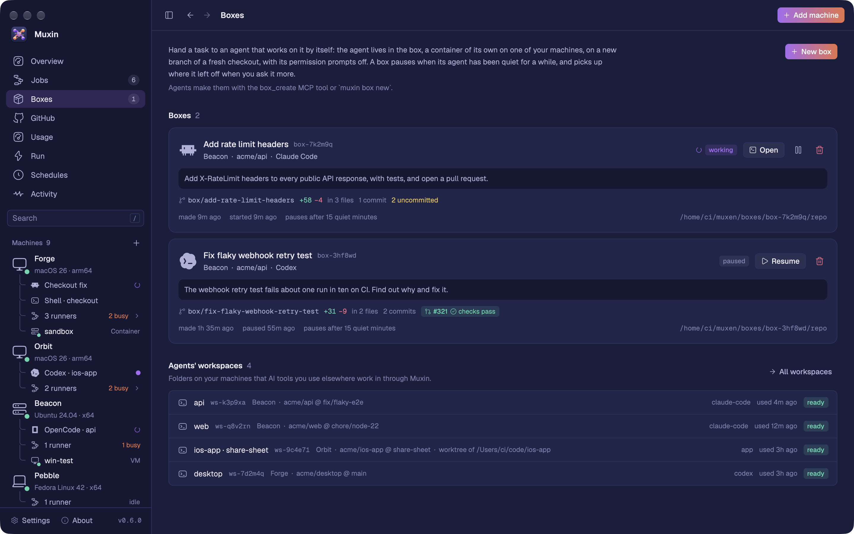 The Boxes page: Add rate limit headers, working with Claude Code on Beacon, and Fix flaky webhook retry test, paused, with Codex. Each shows its task, branch, changes and pull request. Below them, the agents’ workspaces.