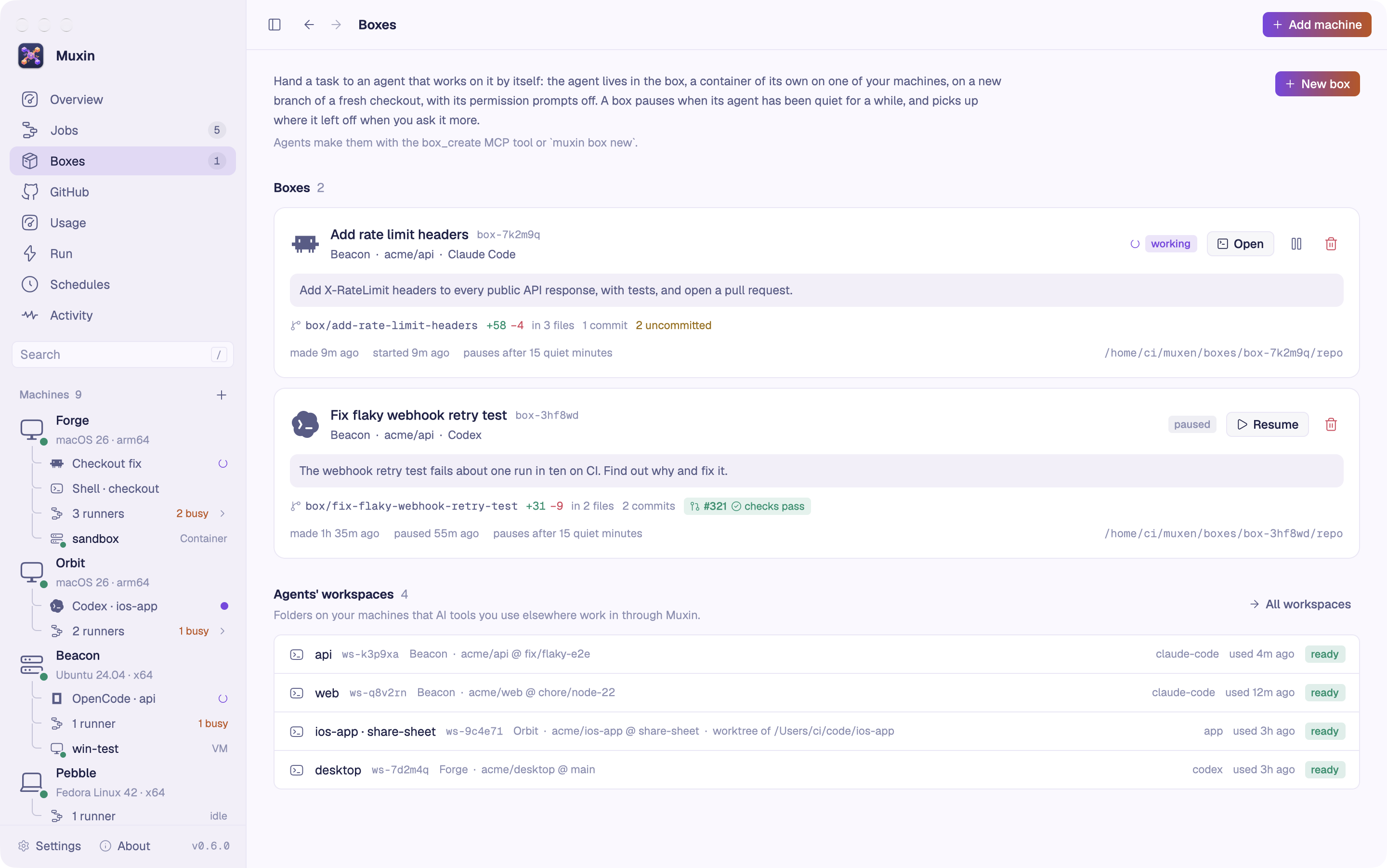 The Boxes page: Add rate limit headers, working with Claude Code on Beacon, and Fix flaky webhook retry test, paused, with Codex. Each shows its task, branch, changes and pull request. Below them, the agents’ workspaces.