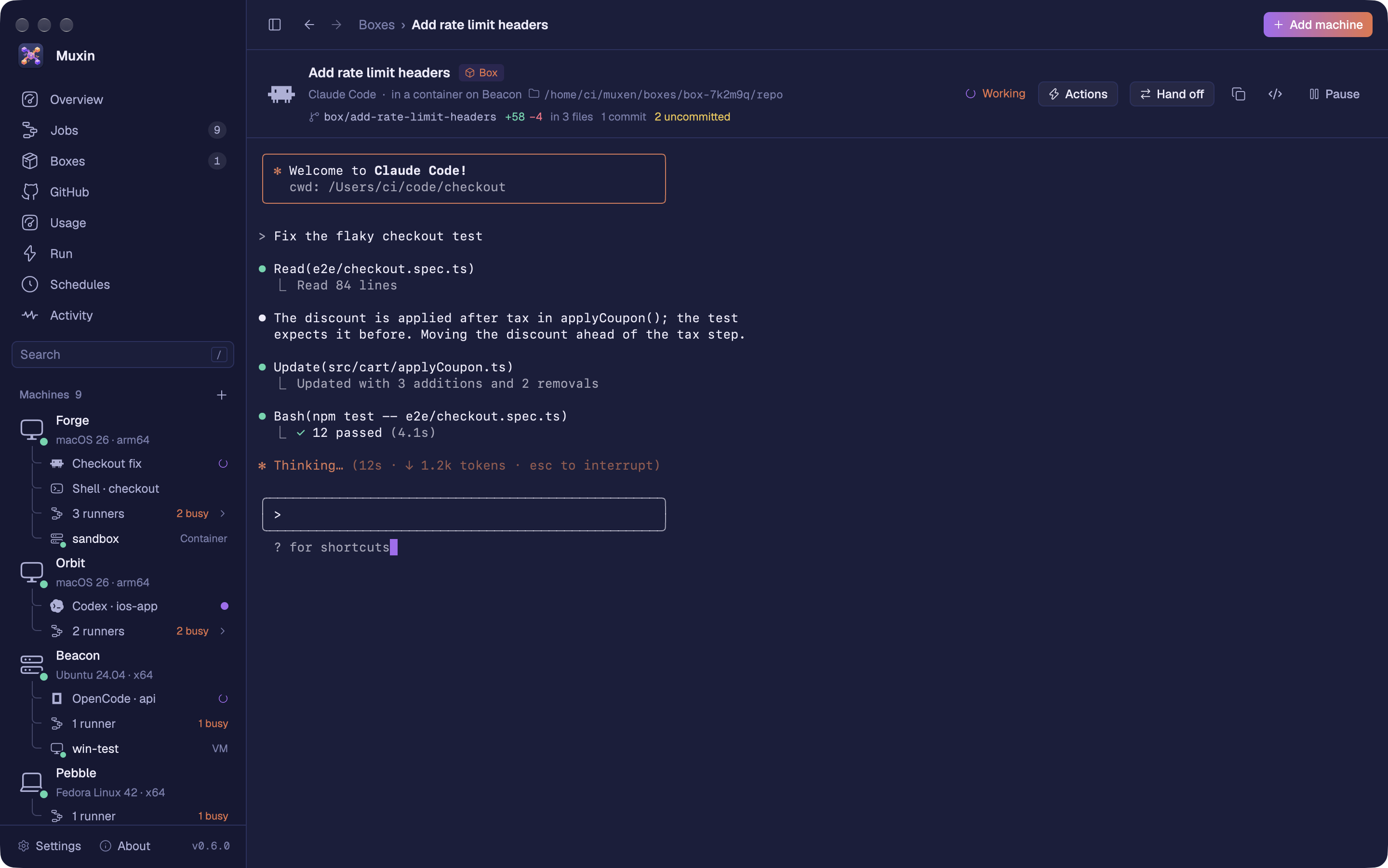 A box’s agent: Claude Code working on Add rate limit headers, marked Box, in a container on Beacon, with Actions, Hand off and Pause in its header.