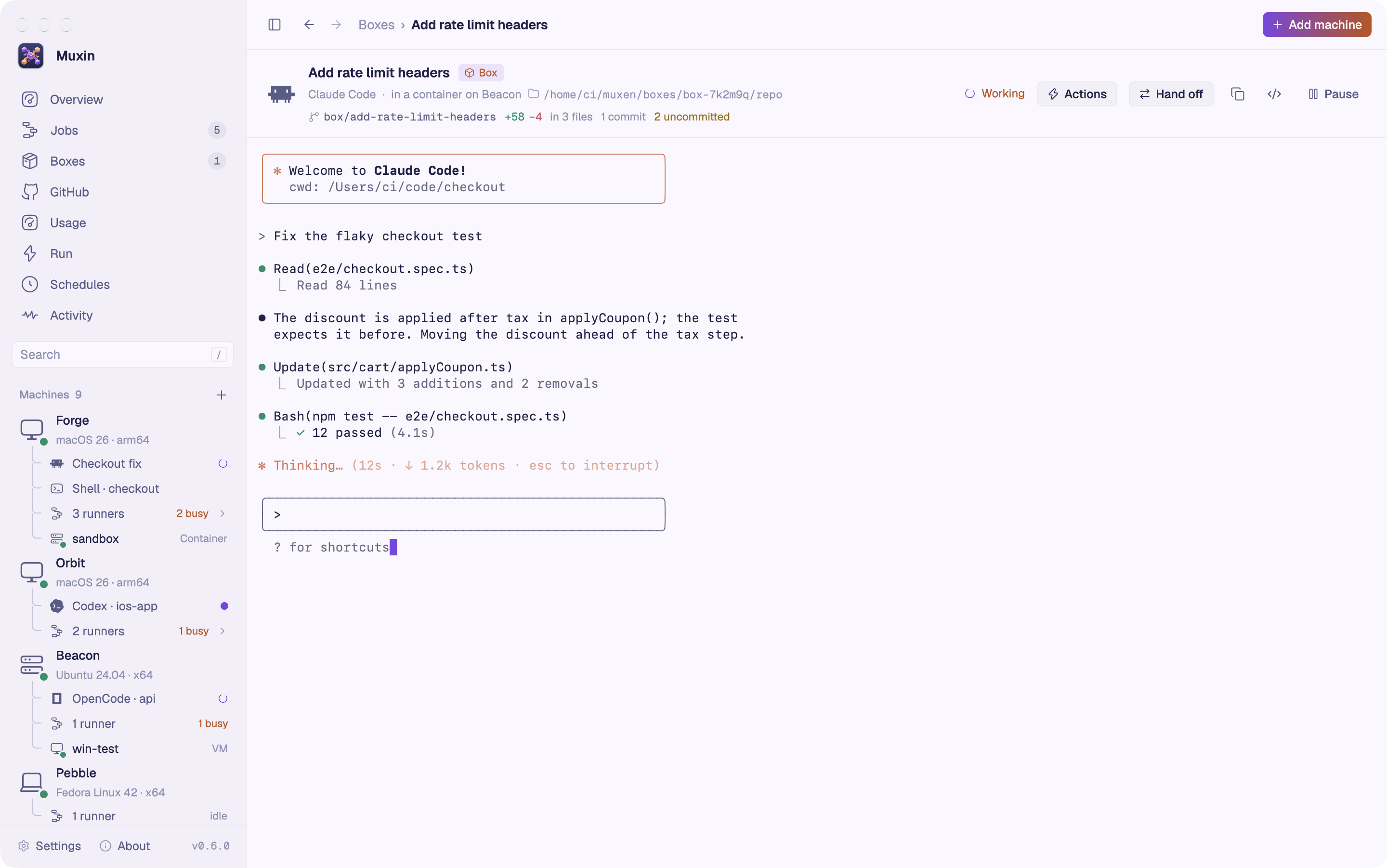 A box’s agent: Claude Code working on Add rate limit headers, marked Box, in a container on Beacon, with Actions, Hand off and Pause in its header.