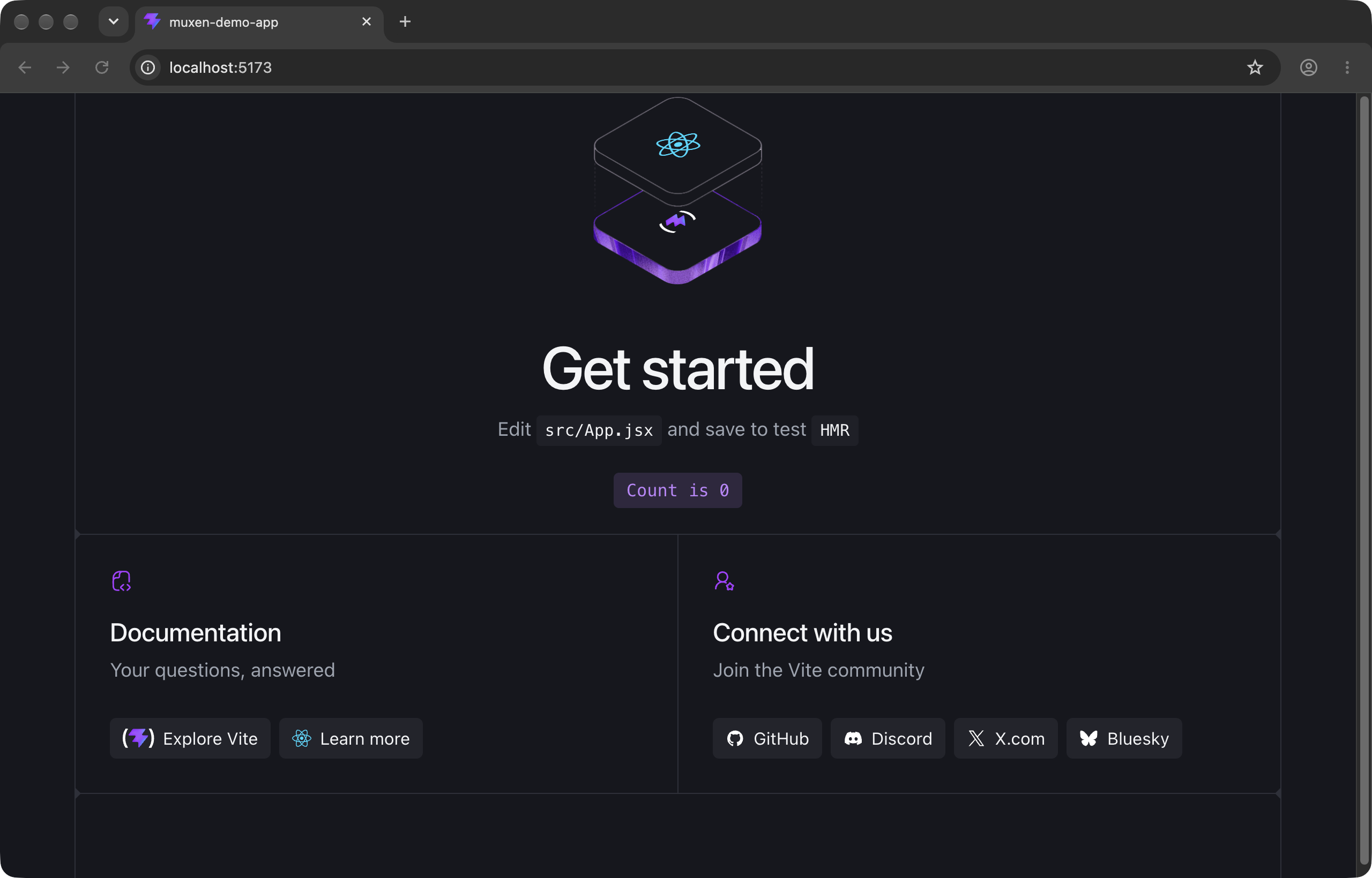 Chrome on a Mac at localhost:5173, showing the Vite and React starter page served by the Linux machine.