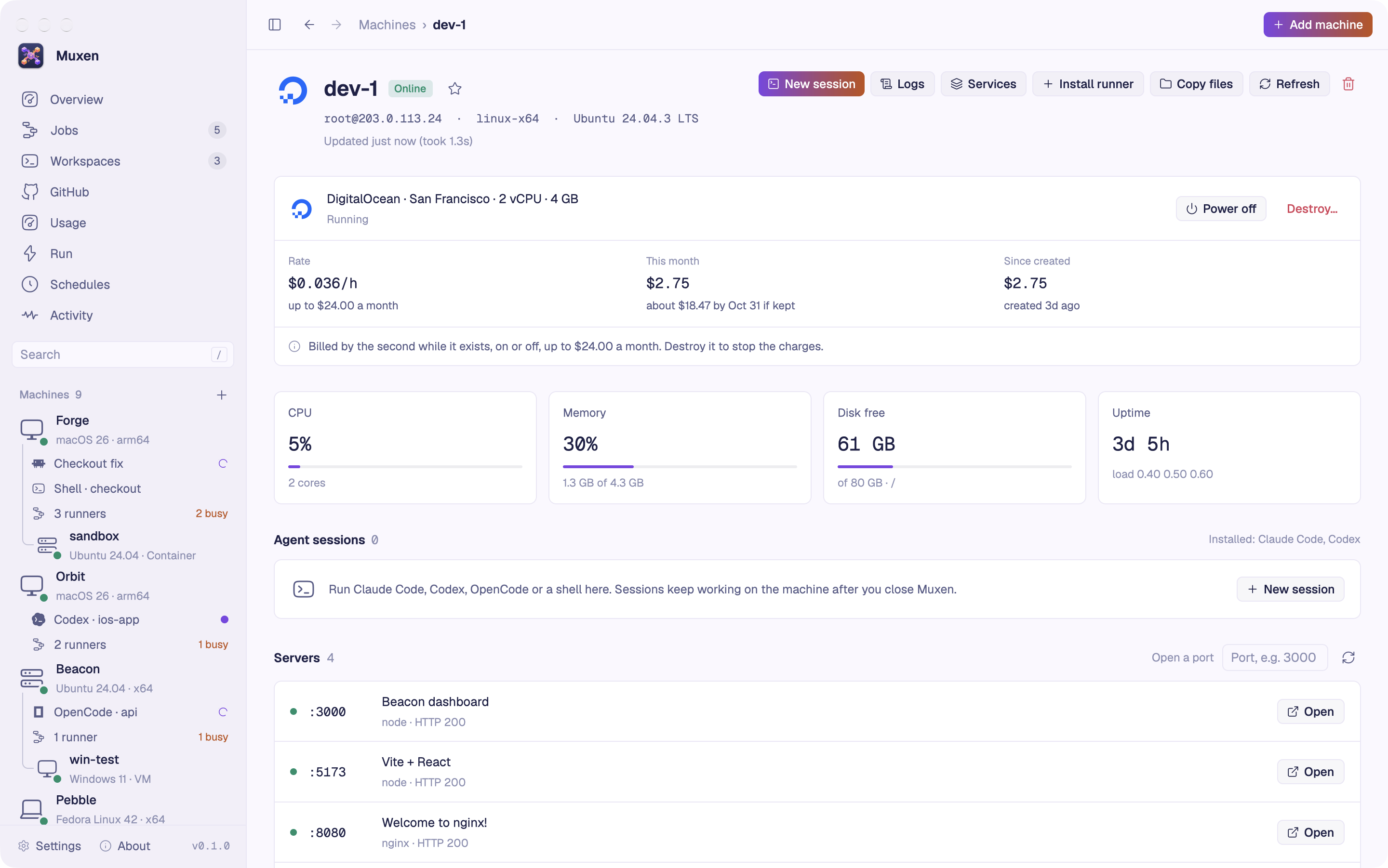 The page of dev-1, a DigitalOcean machine in Muxen: its region and size, rate per hour, cost this month and since it was created, Power off and Destroy, then its CPU, memory, disk and uptime.
