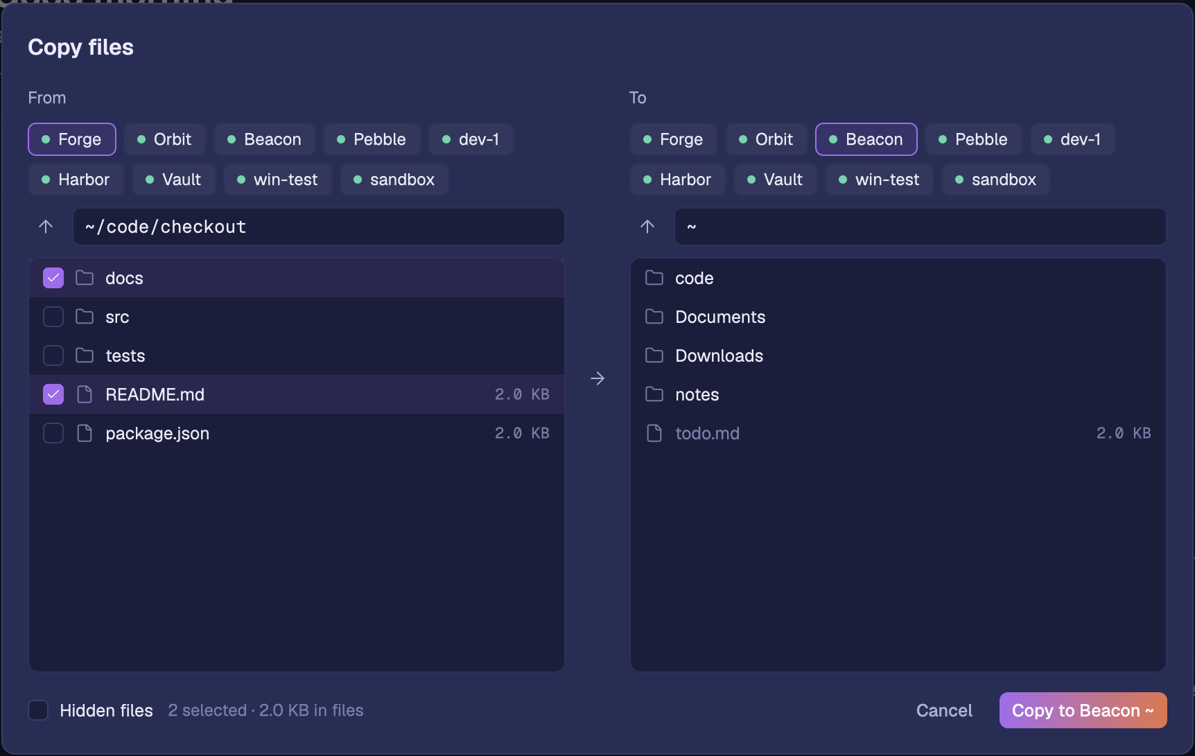 The Copy files dialog: pick a machine and folder on each side, then the files to copy.
