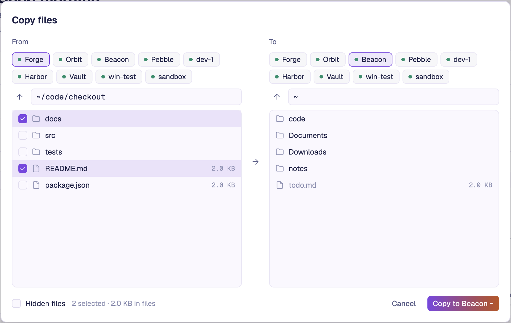 The Copy files dialog: pick a machine and folder on each side, then the files to copy.