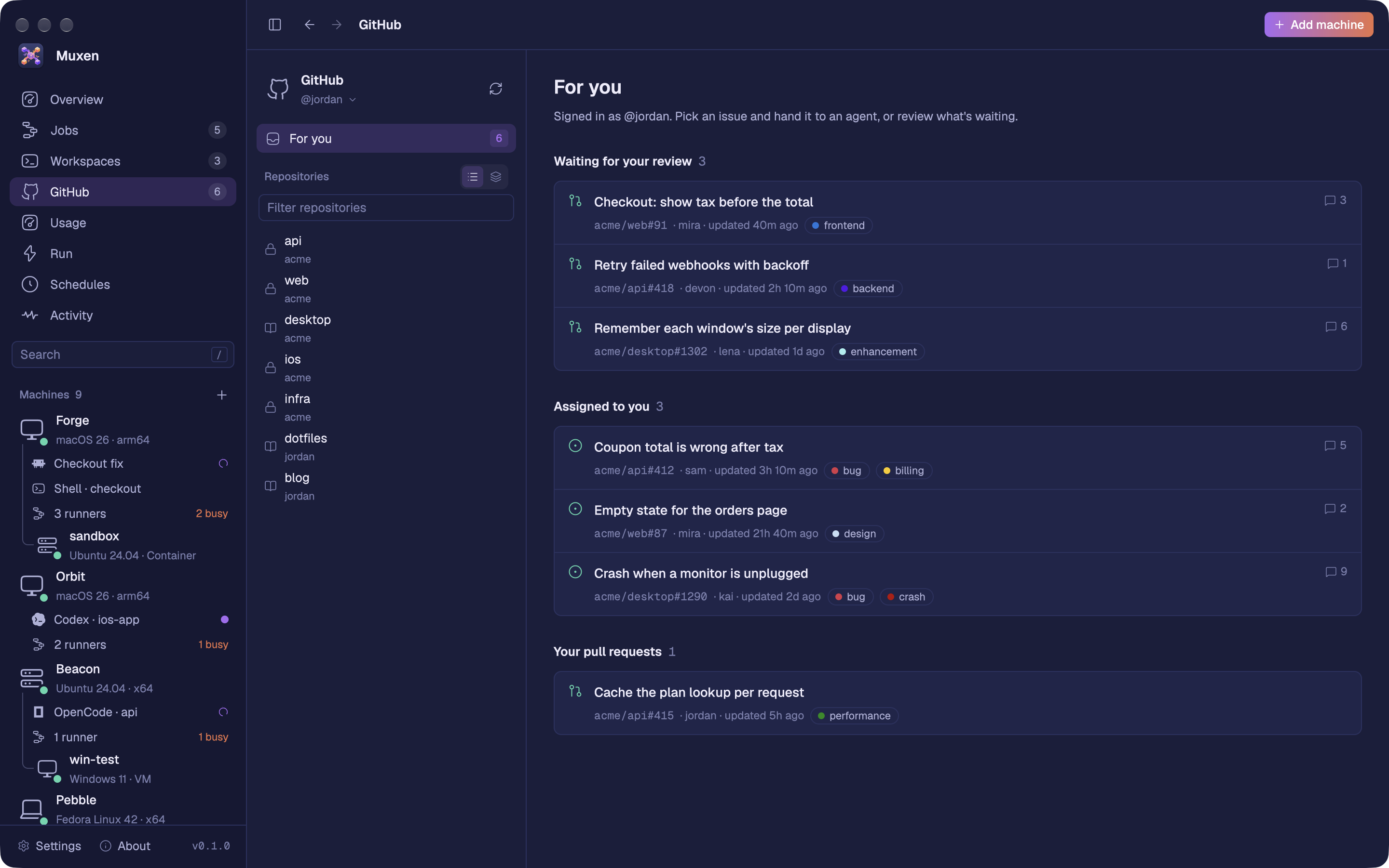 Muxen’s GitHub page: pull requests waiting for your review, issues assigned to you and your own pull requests, beside your repositories.