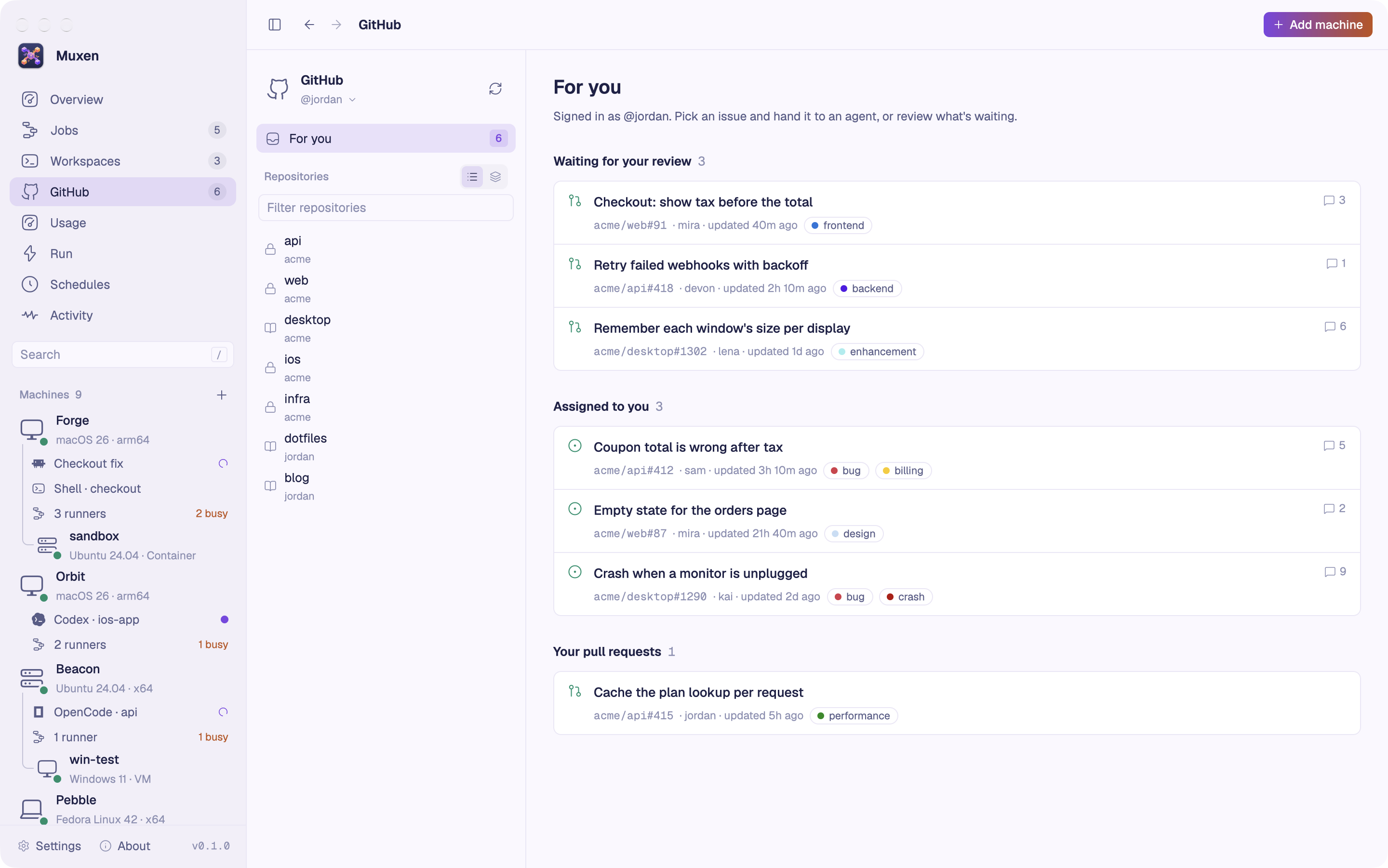 Muxen’s GitHub page: pull requests waiting for your review, issues assigned to you and your own pull requests, beside your repositories.
