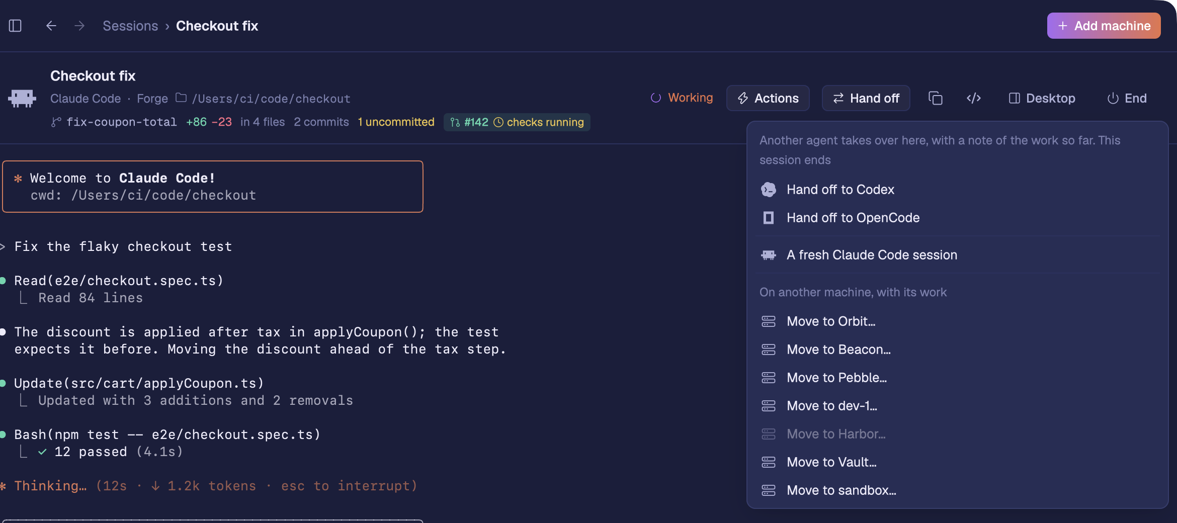 The Hand off menu on the session Checkout fix: Hand off to Codex, Hand off to OpenCode, A fresh Claude Code session, and Move to Orbit, Beacon and the other machines.