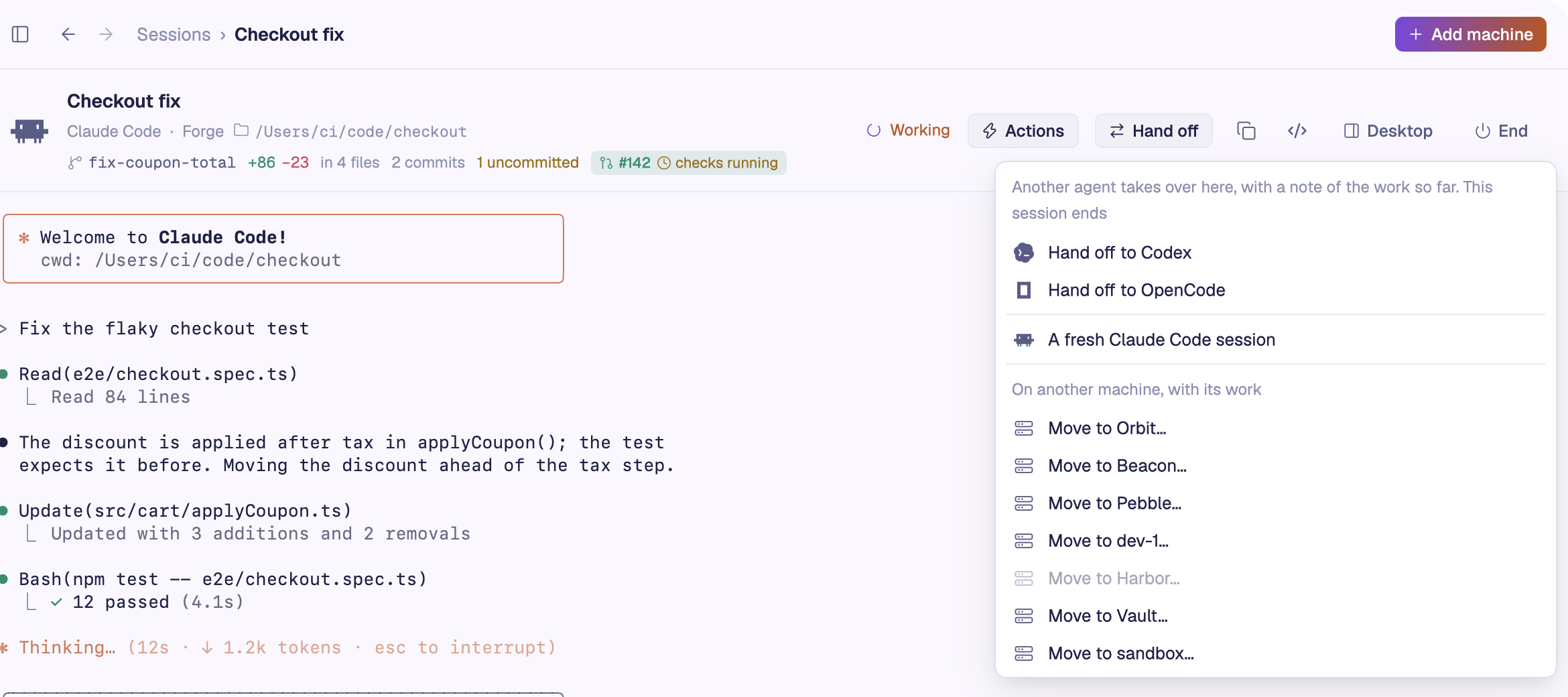 The Hand off menu on the session Checkout fix: Hand off to Codex, Hand off to OpenCode, A fresh Claude Code session, and Move to Orbit, Beacon and the other machines.