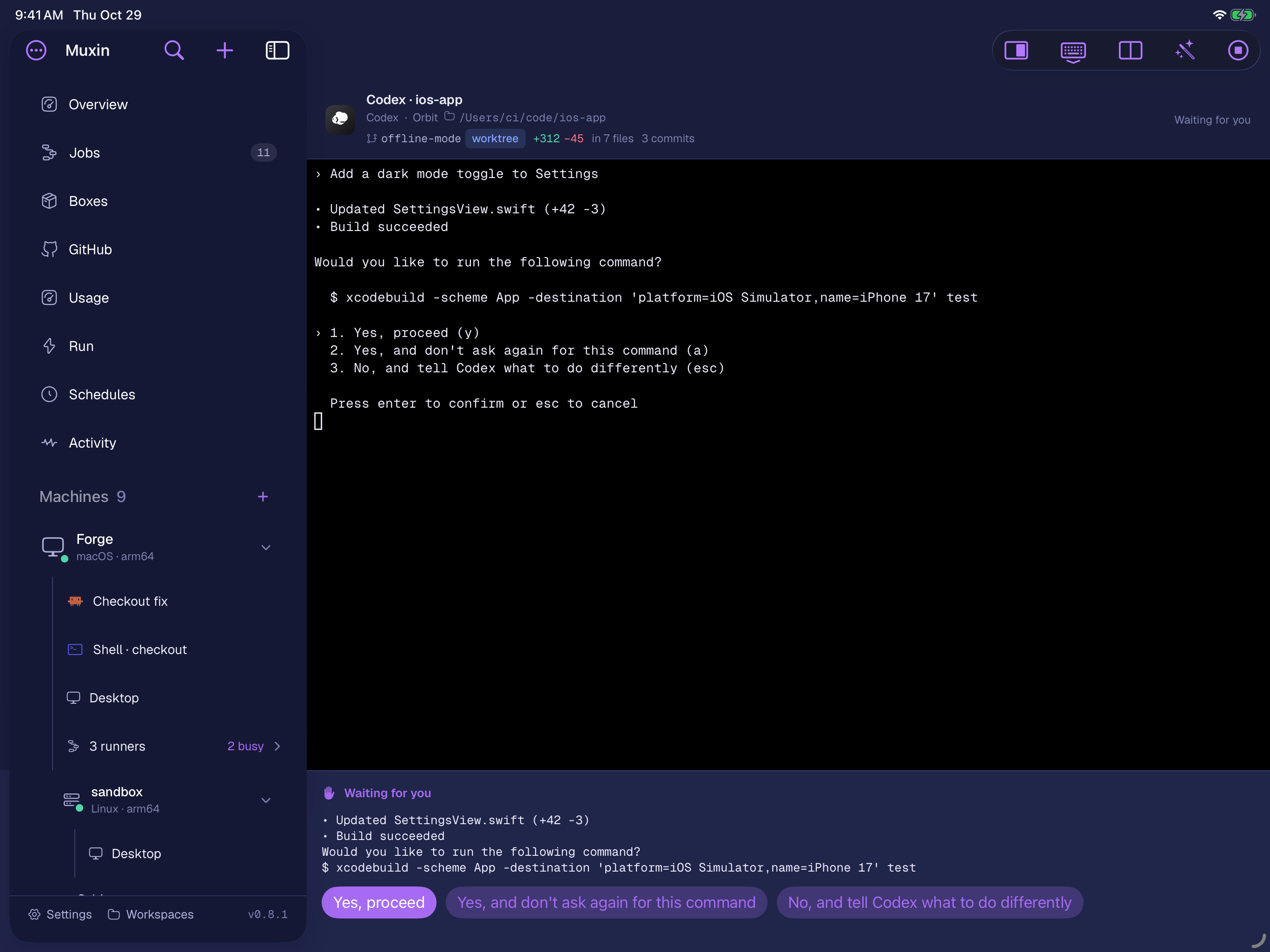 A Codex session on the iPad, asking to run a test command. Under the terminal, the question again with three buttons: Yes, proceed; Yes, and don’t ask again for this command; No, and tell Codex what to do differently.