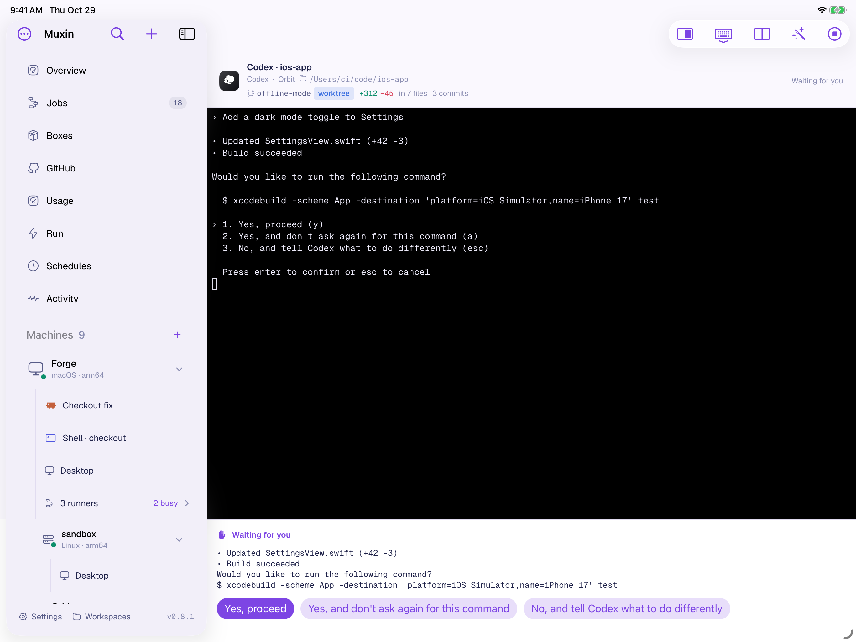 A Codex session on the iPad, asking to run a test command. Under the terminal, the question again with three buttons: Yes, proceed; Yes, and don’t ask again for this command; No, and tell Codex what to do differently.