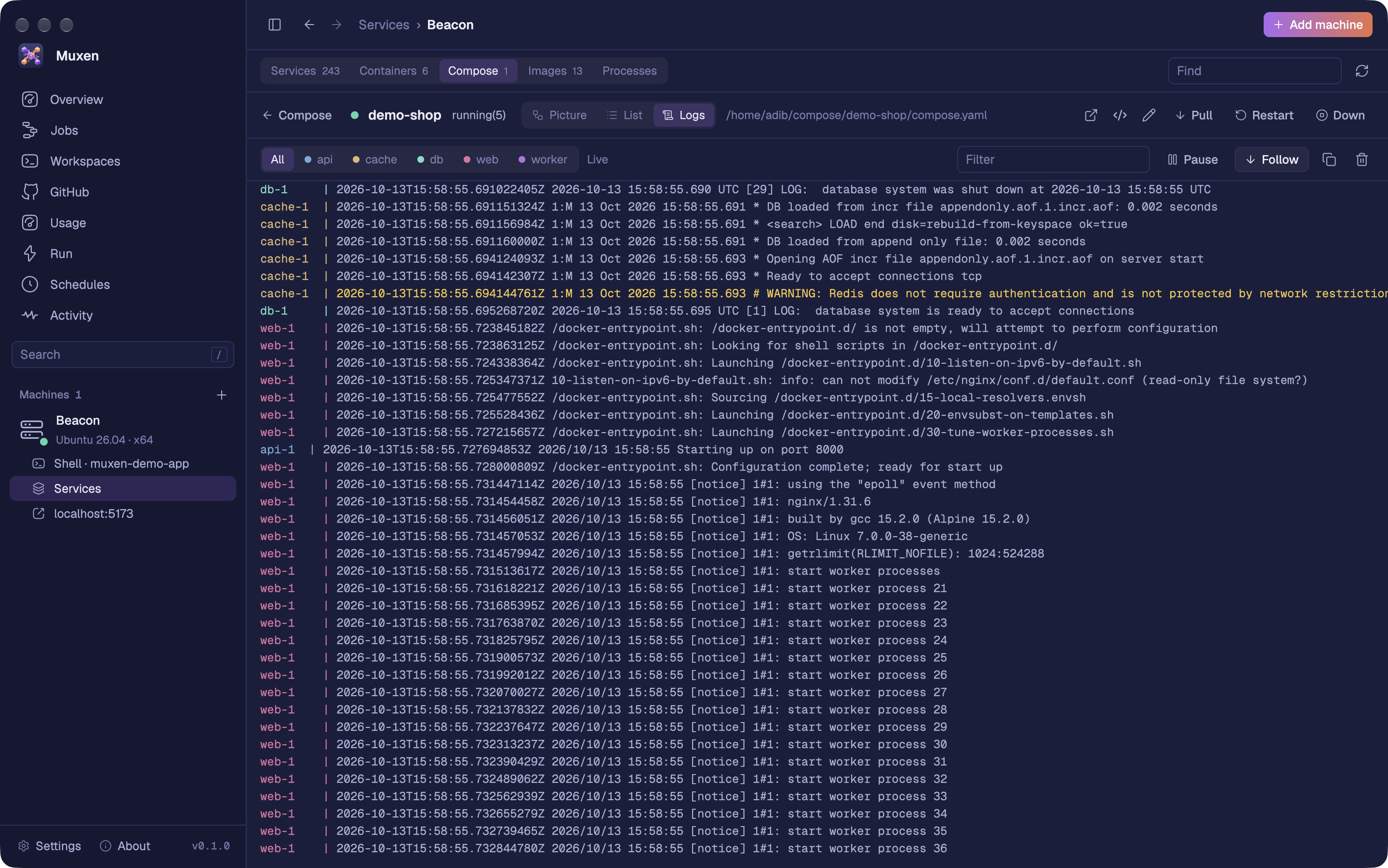 A Compose project’s log in Muxen: lines from its web, API, database and cache containers in time order, each service’s name in its own color, with a chip to show one service.