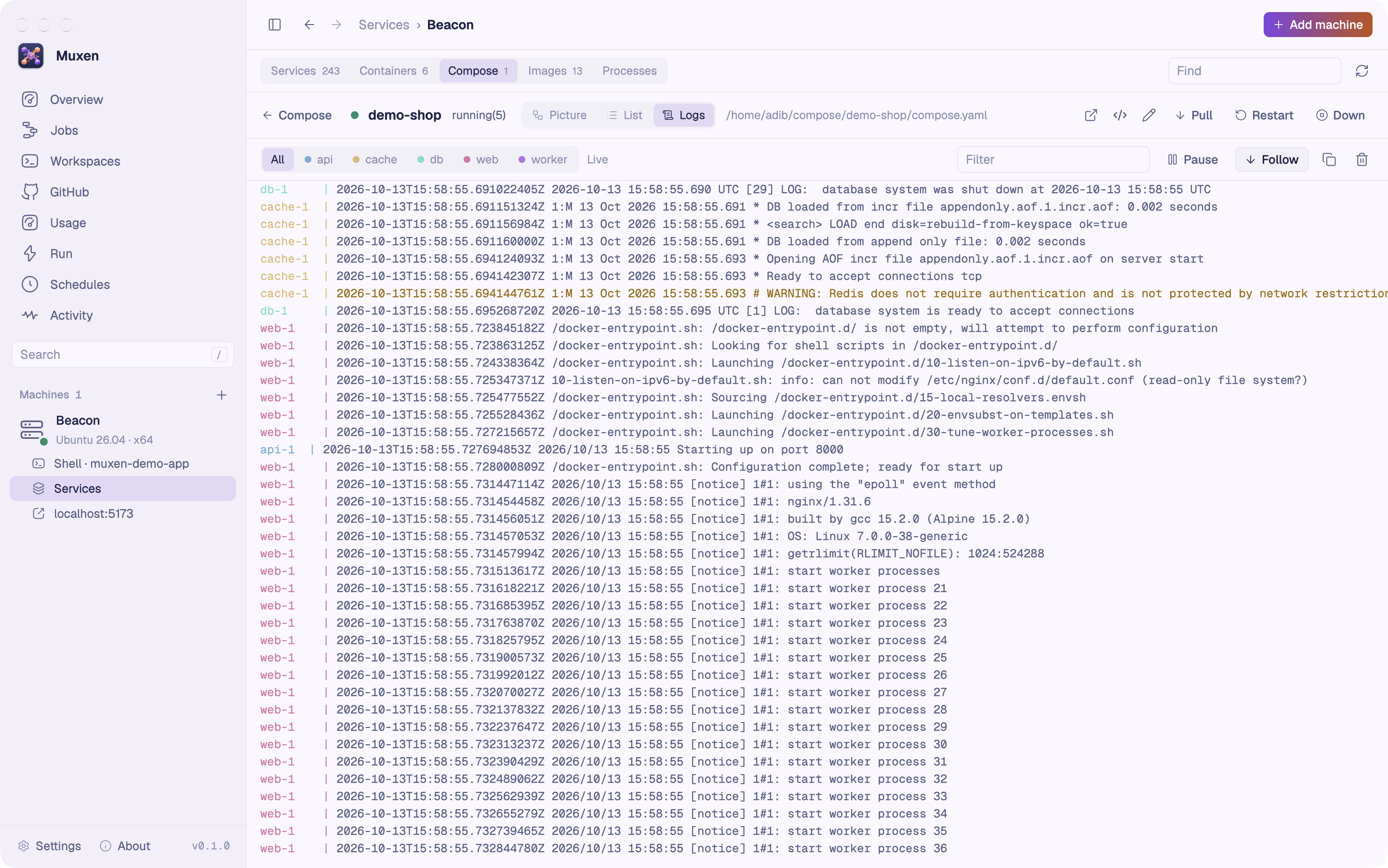 A Compose project’s log in Muxen: lines from its web, API, database and cache containers in time order, each service’s name in its own color, with a chip to show one service.