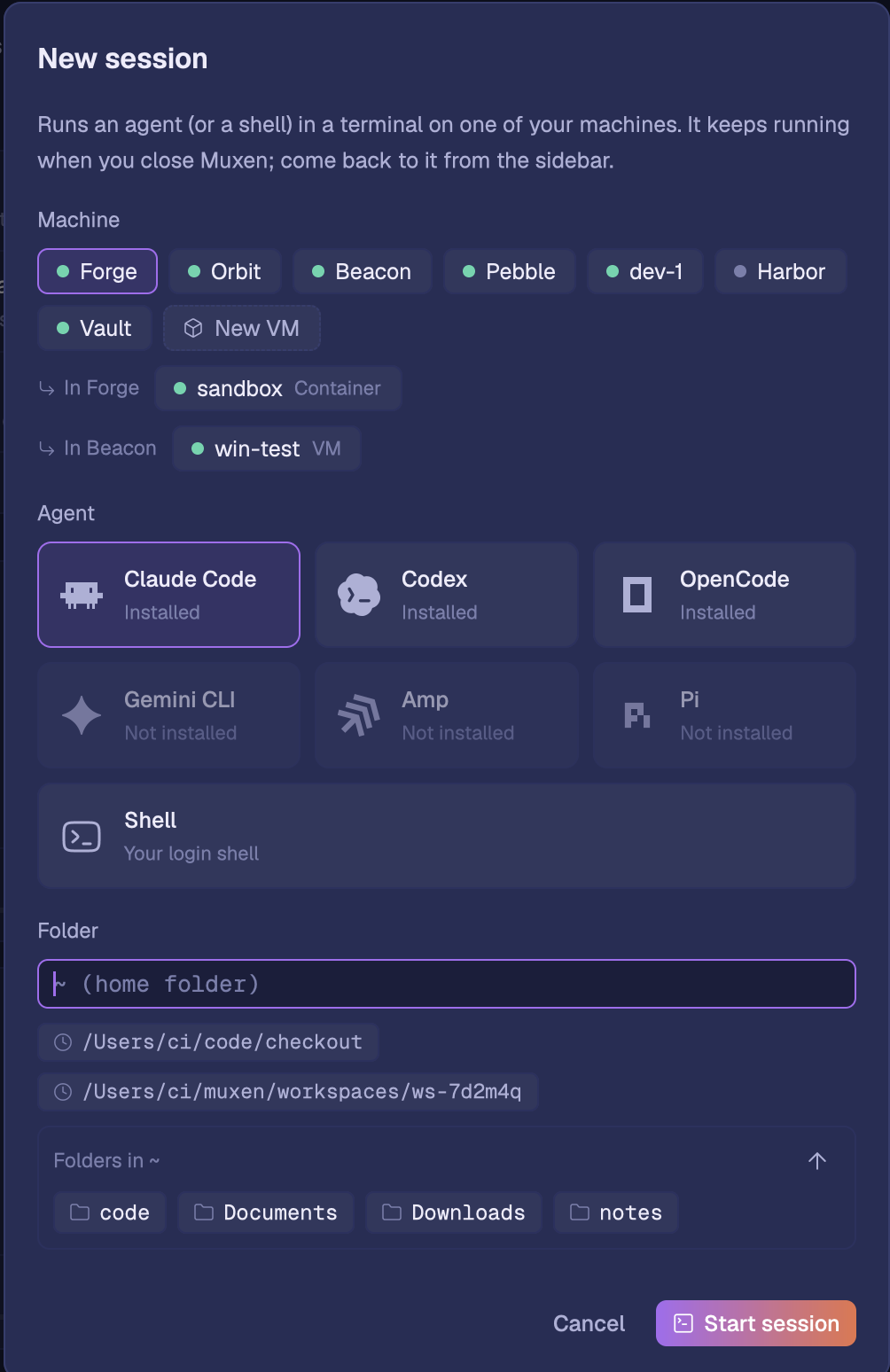The New session dialog: machines, with a container and a VM under the machines they run in, the agents with which are installed, and recent folders.