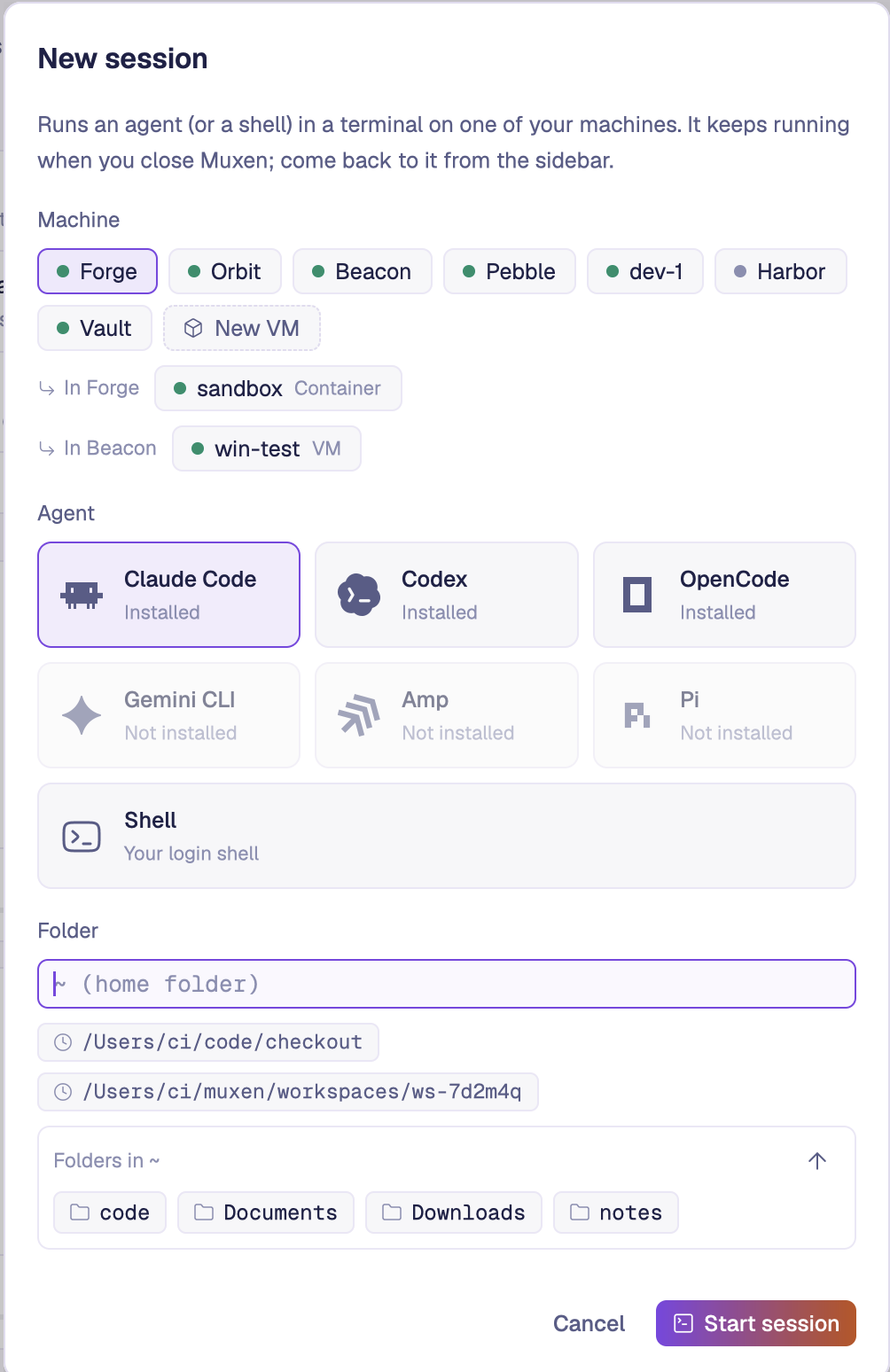The New session dialog: machines, with a container and a VM under the machines they run in, the agents with which are installed, and recent folders.