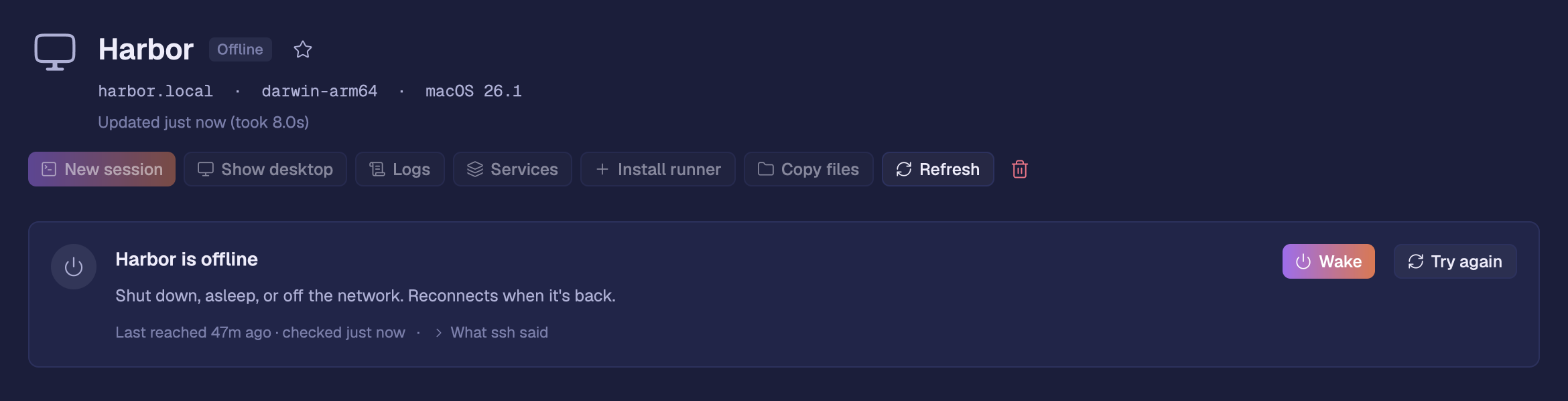 The page of Harbor, a MacBook, while it is offline: shut down, asleep, or off the network. It reconnects when it’s back, and says when it was last reached.
