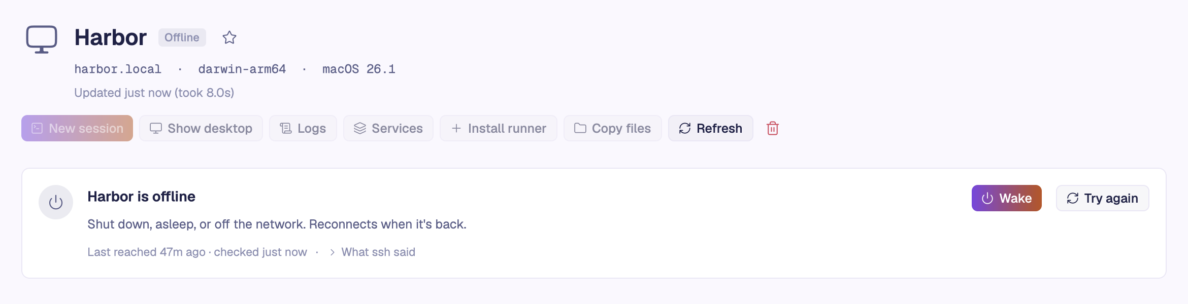 The page of Harbor, a MacBook, while it is offline: shut down, asleep, or off the network. It reconnects when it’s back, and says when it was last reached.
