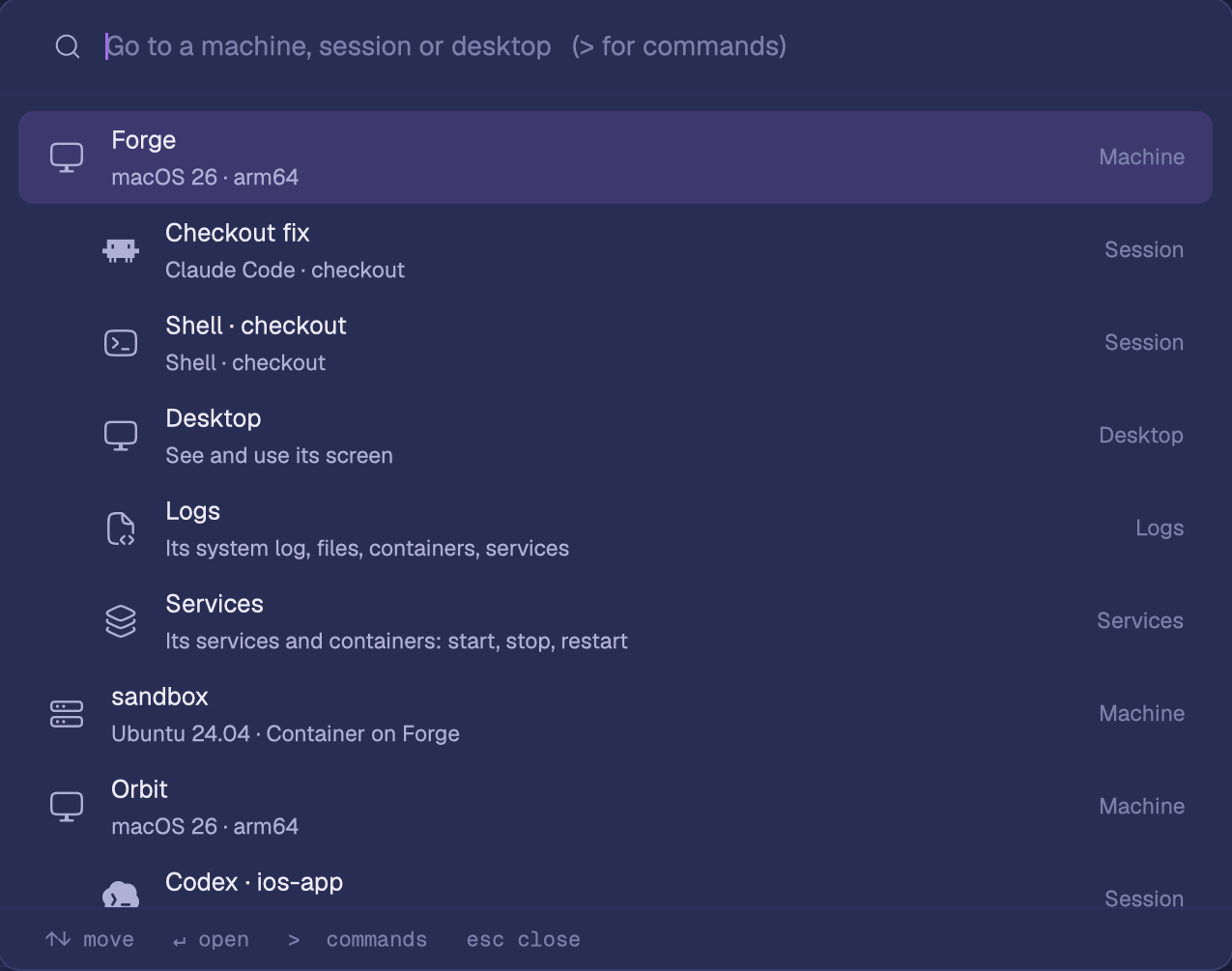 The quick switcher, opened with Command-P: machines, their desktops and agent sessions, each one keystroke away.