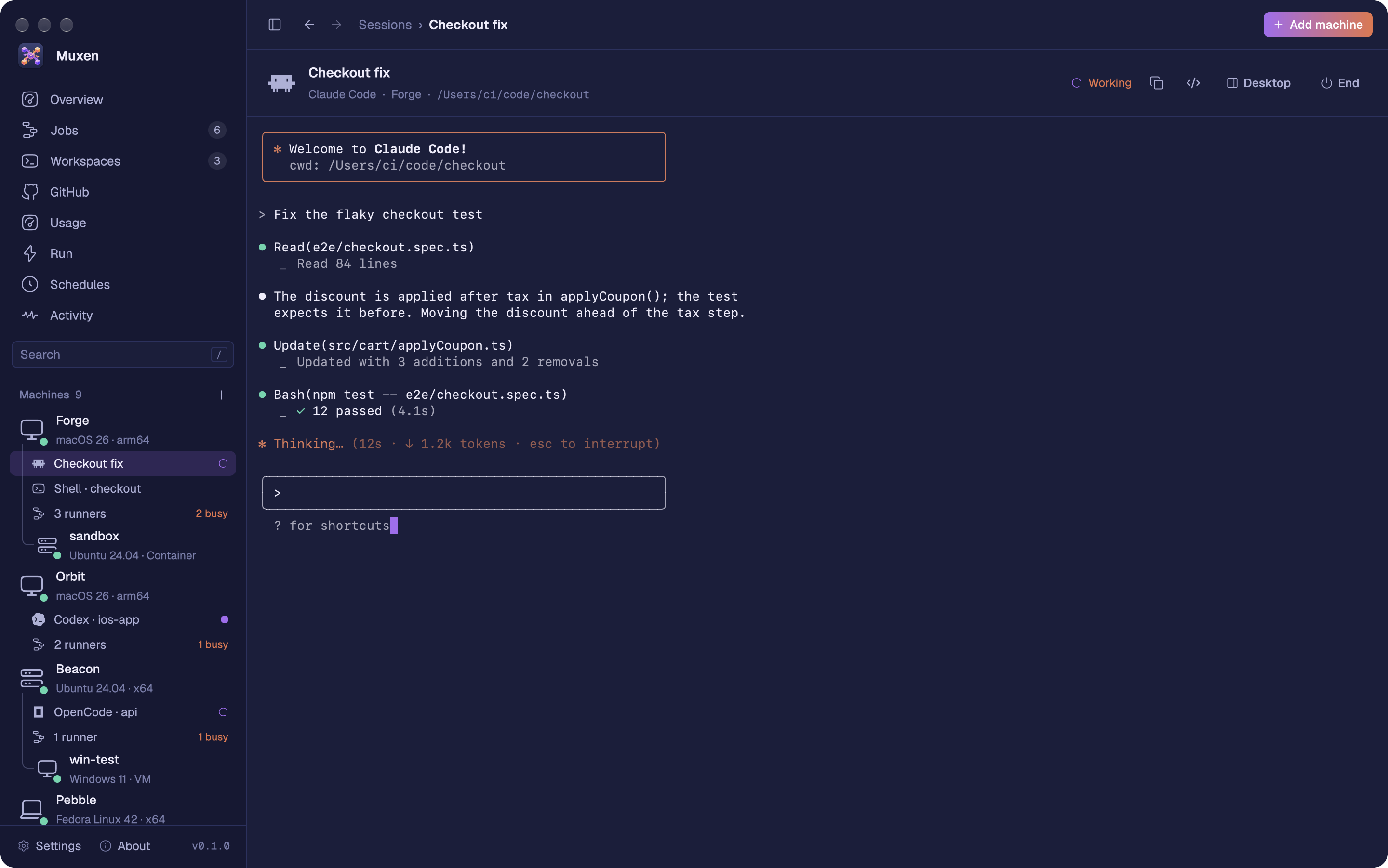 A Claude Code session called Checkout fix on the machine Forge, open in Muxen. The sidebar lists each machine’s sessions: some working, one waiting for you.