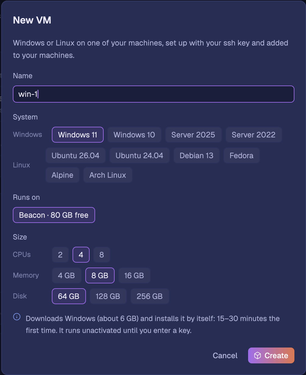 The New VM dialog: Windows 11 on Beacon, with 4 CPUs, 8 GB of memory and a 64 GB disk.