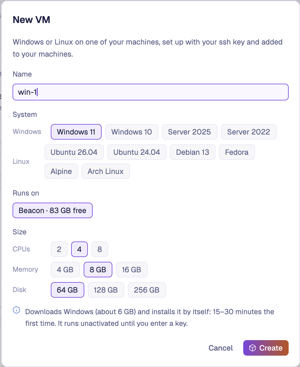 The New VM dialog: Windows 11 on Beacon, with 4 CPUs, 8 GB of memory and a 64 GB disk.